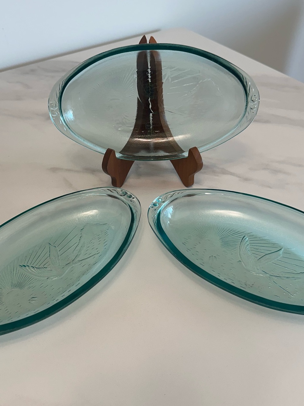 Vintage Aqua Blue Oval Pressed Glass Decorative Serving Dishes - Set of 3